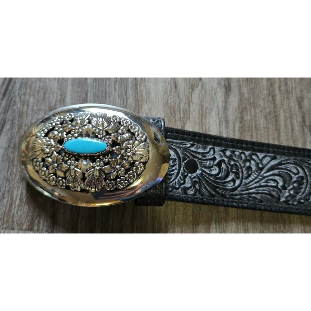 Tony Lama Mens 38 Black Top Grain Leather Floral Belt Silver Turquoise Buckle